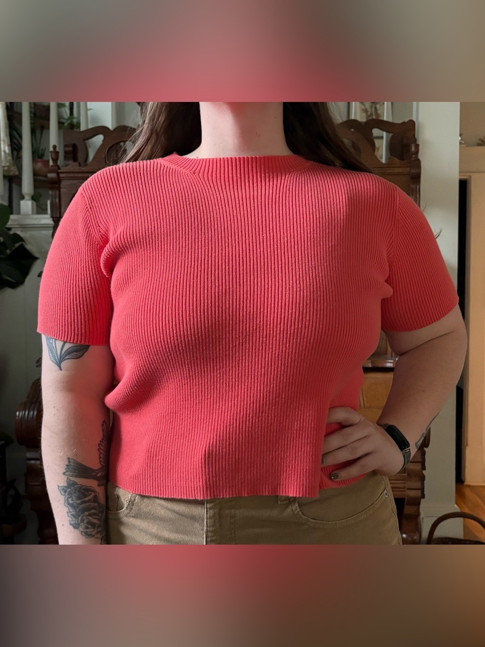 Liz Claiborne cropped 90s coral pink short sleeve ribbed mock neck t shirt
